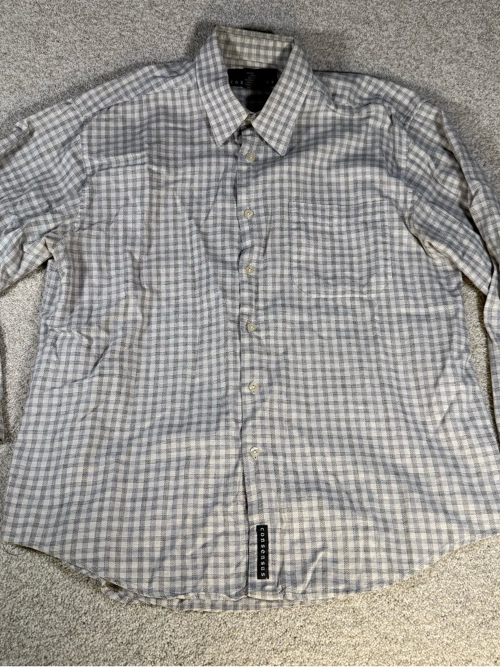 Consensus Mens Medium White & Gray Gingham Check Long Sleeve Button Down Shirt